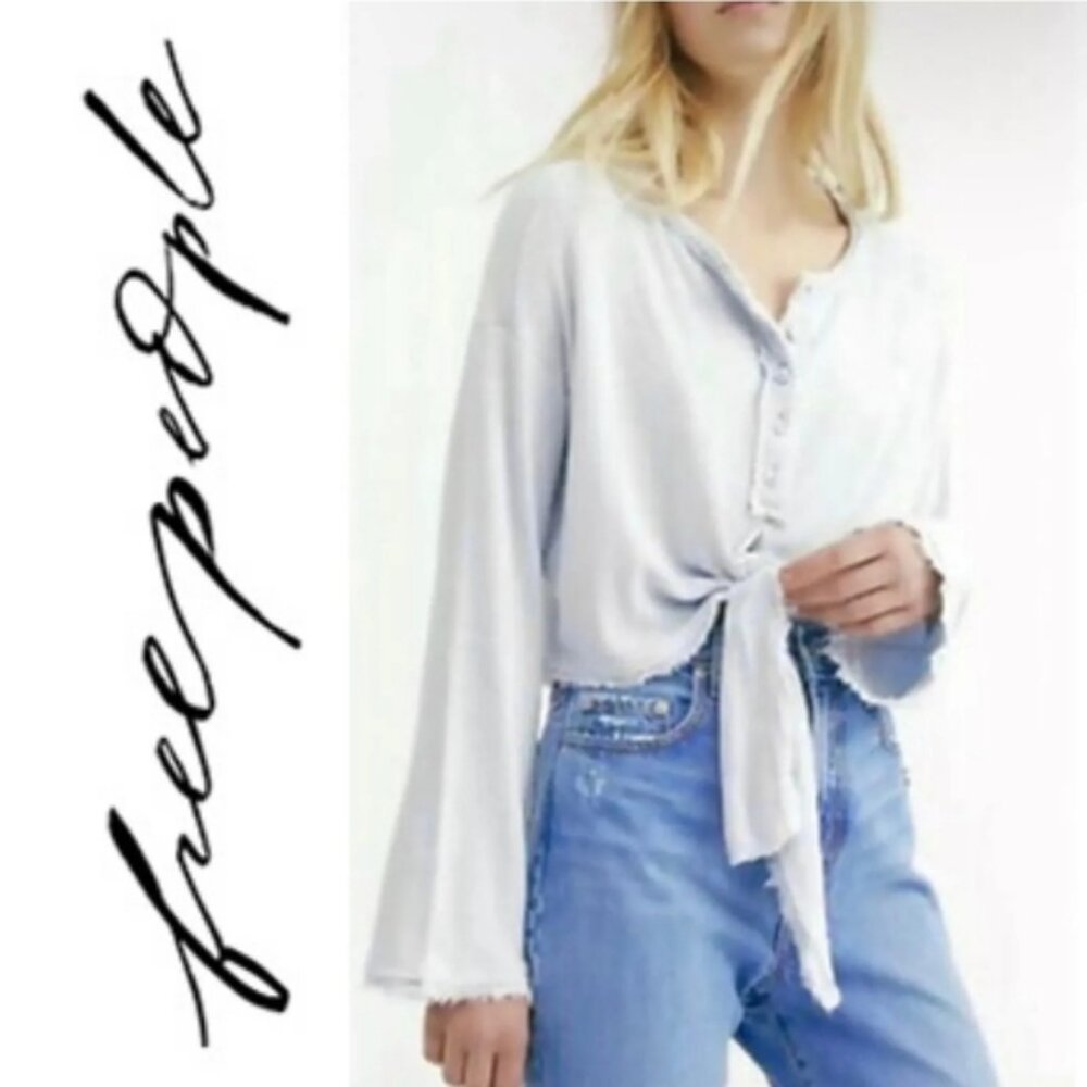 Free People Emma's Henley Top Brushed Fleece Cropped Button Front Ties Size S